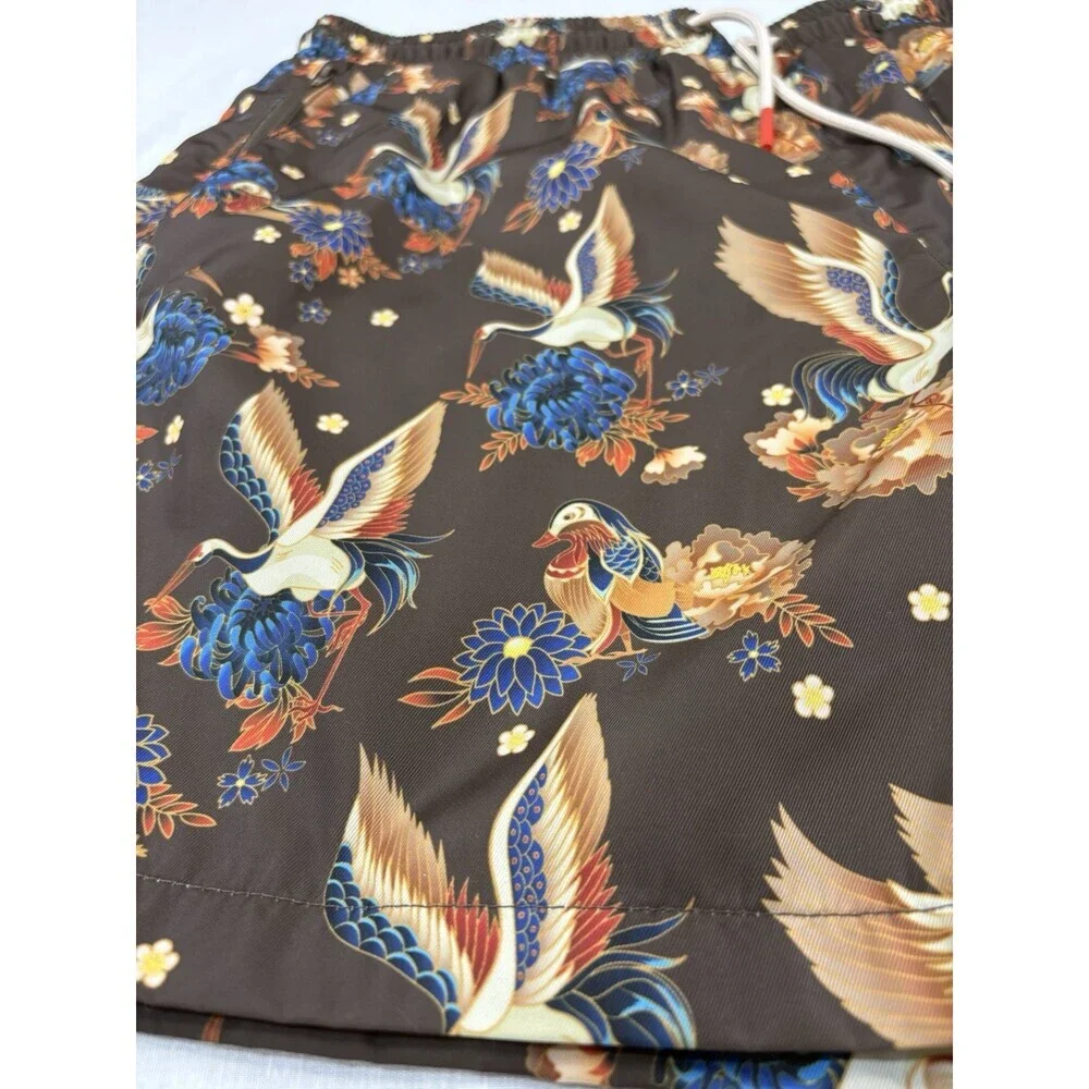 Maison  Article Men’s Brown Bird And Floral Print Swim Trunks Size L